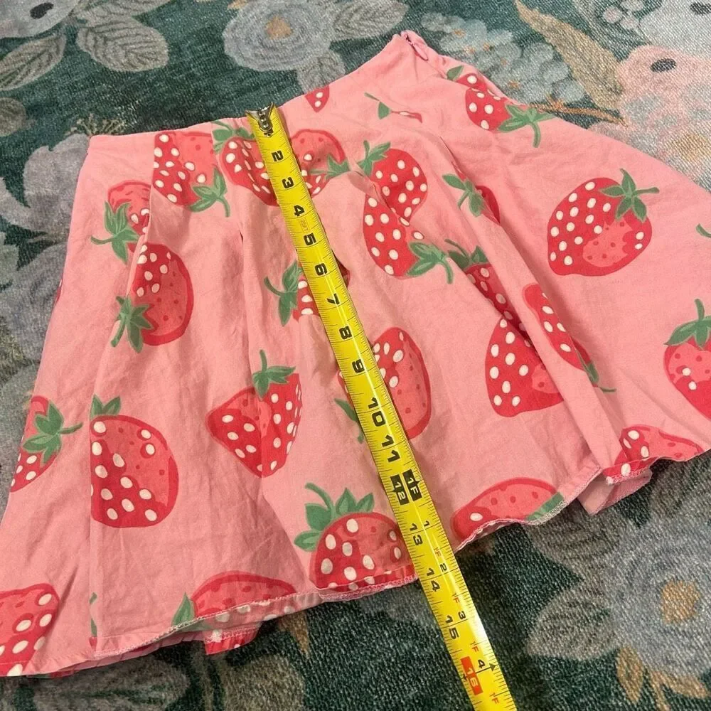 Mini Boden Skirt Girls 5-6Y Pink Red Pleated Elastic Strawberry Fruit Print